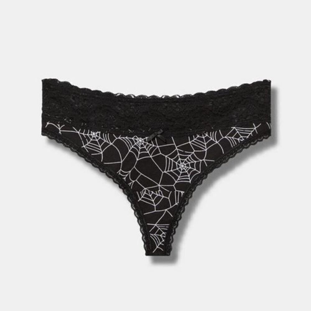 Torrid - Cotton Mid-Rise Thong Panty in Halloween Spiderwebs Black & White